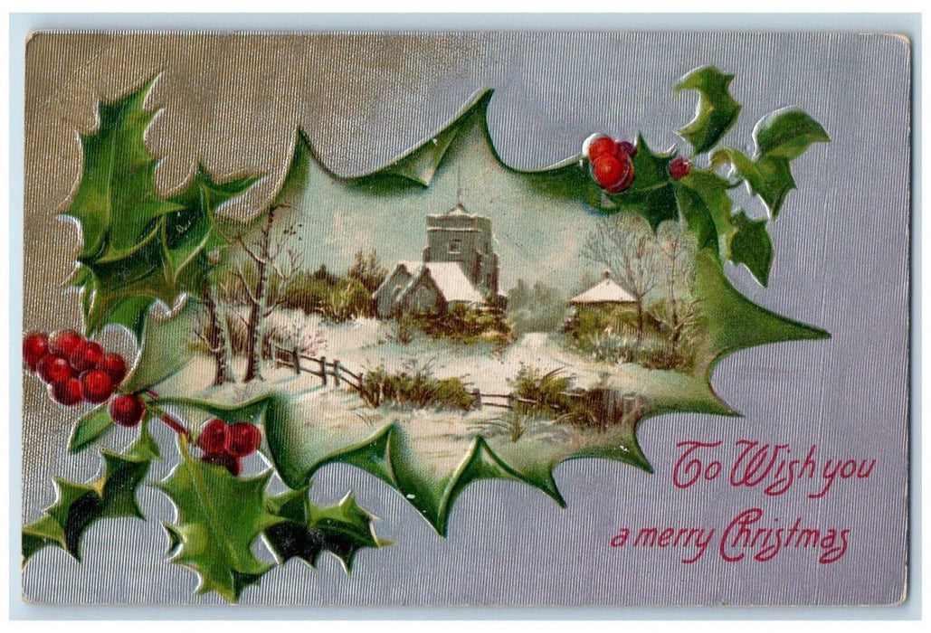 1907 Christmas Holly Berries Houses Winter Embossed Mount Clements MI Postcard