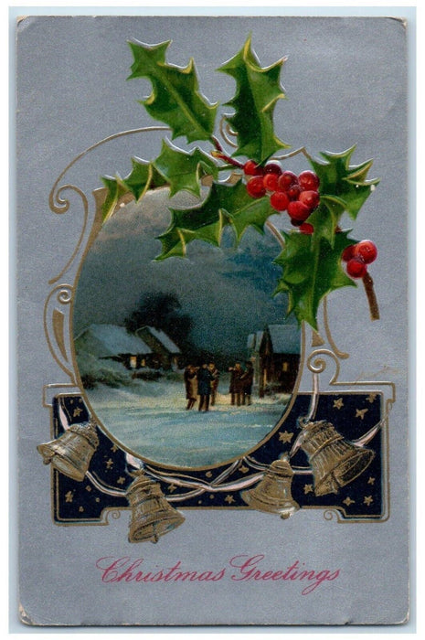 Christmas Greetings Mens Winter Holly Berries Ringing Bells Winsch Back Postcard