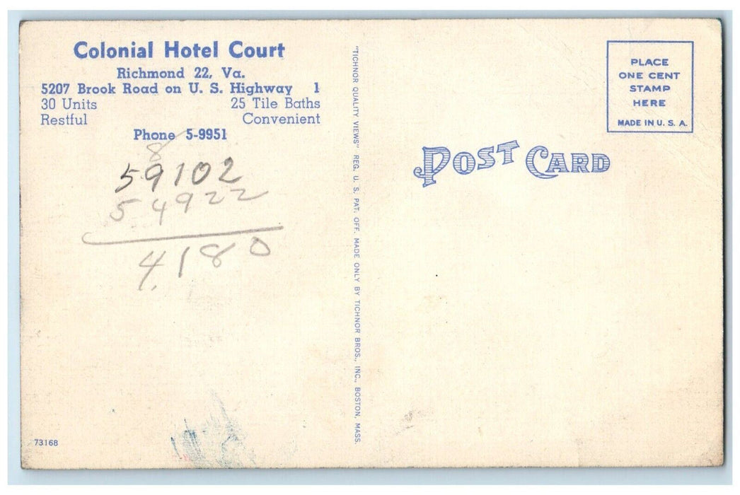 c1940 Colonial Hotel Court Building Richmond Virginia Antique Vintage Postcard