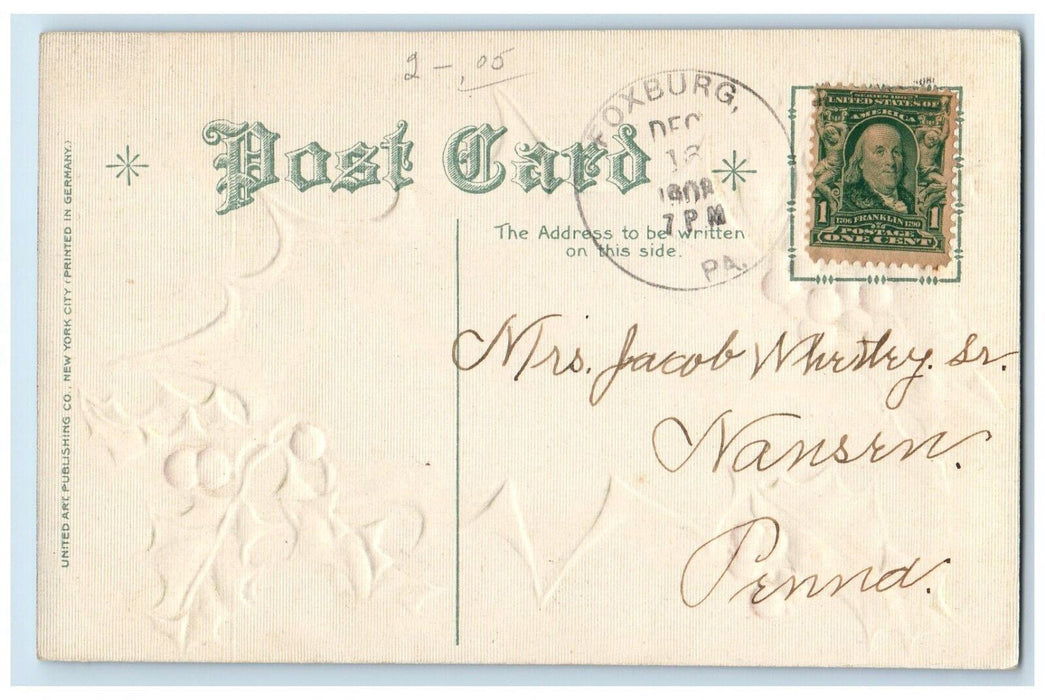 1908 Christmas And New Year Holly Berries House Winter Nash Foxburg PA Postcard