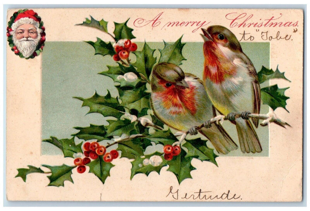 1906 Christmas Song Bird Holly Berries Mistletoe Embossed Ashaway RI Postcard