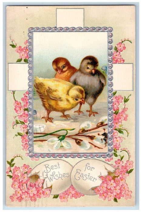 1909 Easter Wishes Chicks Cross Pink Flowers Embossed Springfield OH Postcard