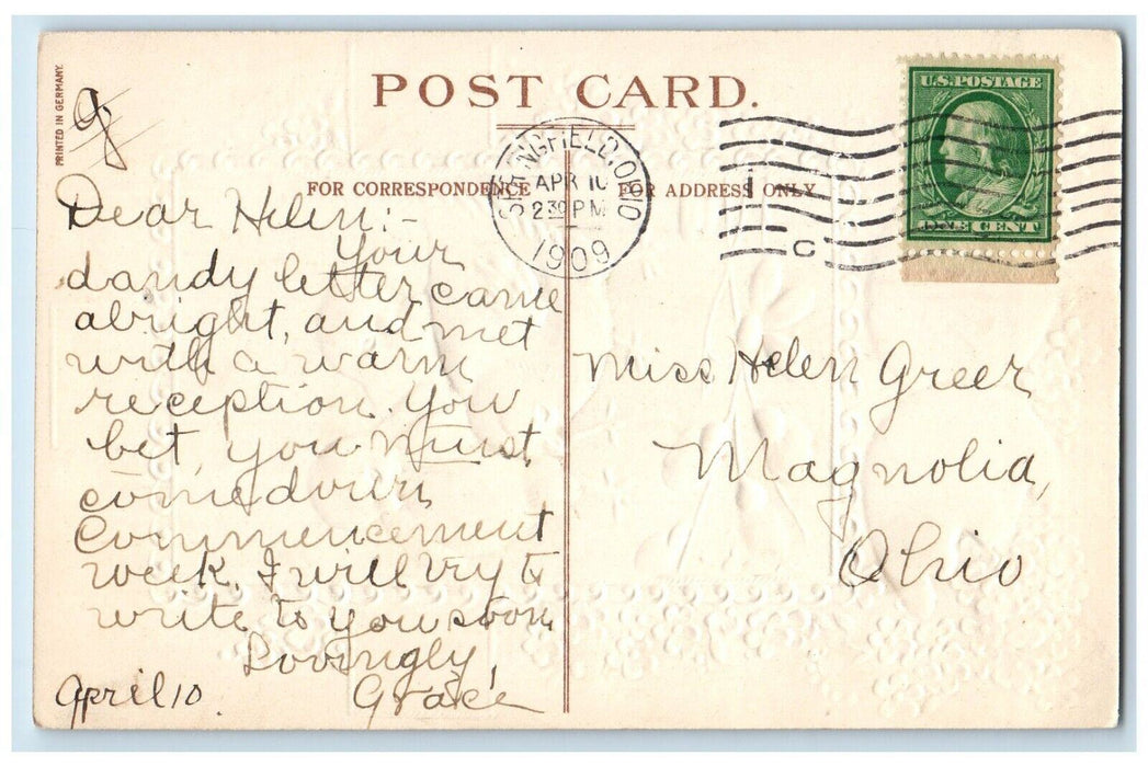 1909 Easter Wishes Chicks Cross Pink Flowers Embossed Springfield OH Postcard