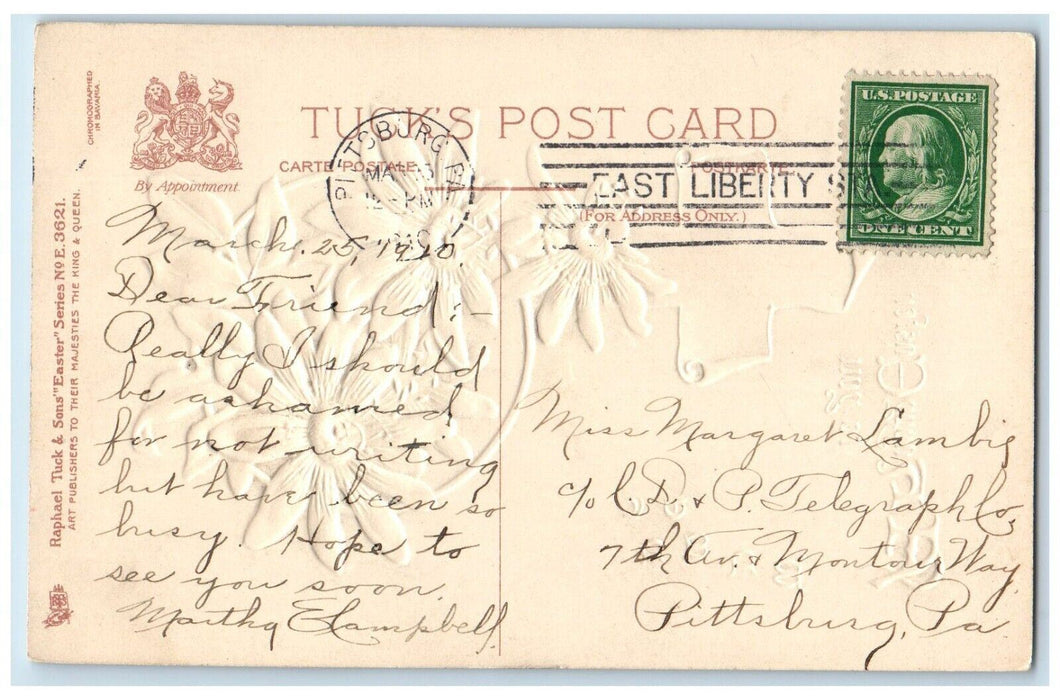 c1910's Easter Silver Cross White Flowers Embossed Tucks Pittsburg PA Postcard