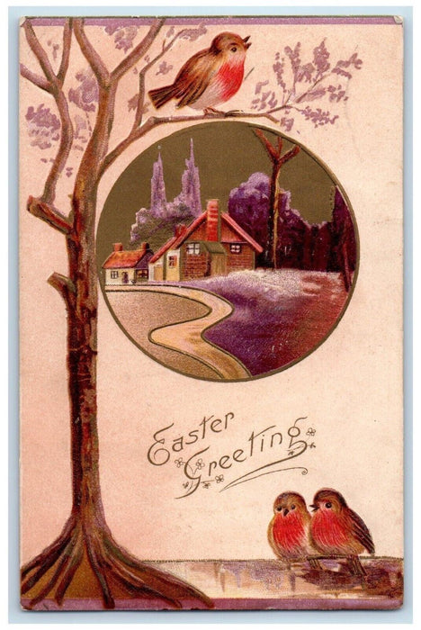 1908 Easter Greeting Song Birds Tree Houses Embossed Muncie Indiana IN Postcard