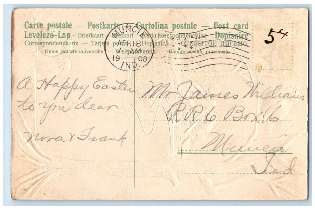 1908 Easter Greeting Song Birds Tree Houses Embossed Muncie Indiana IN Postcard