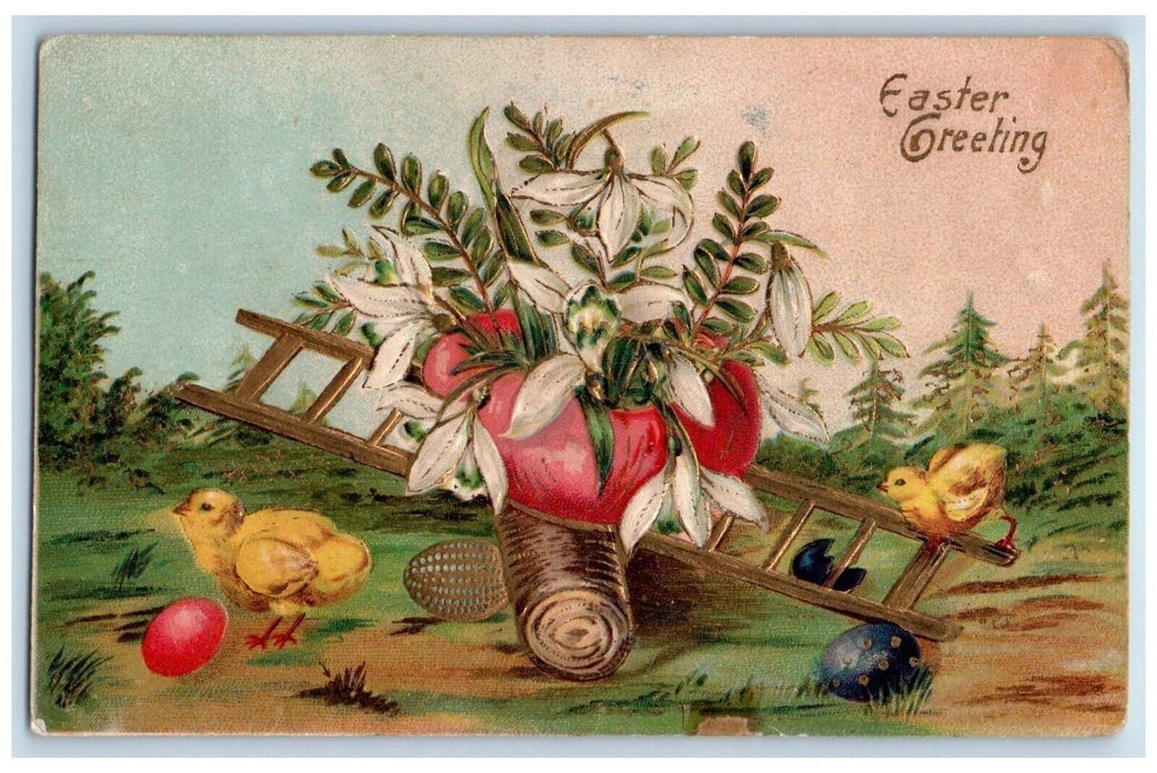 c1910's Easter Greeting Chicks Hatched Egg With Flowers Ladder Log Postcard