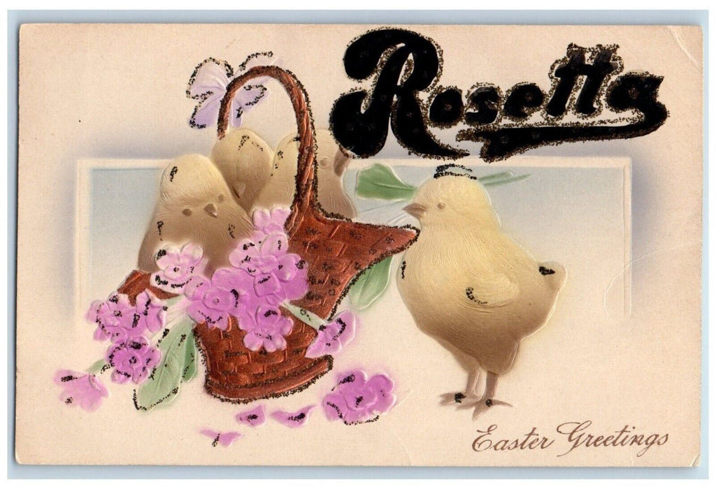 1910 Easter Greetings Chicks In Basket Flowers Airbrushed Embossed Postcard