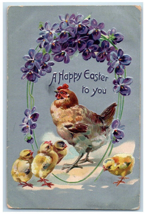 1908 Happy Easter Chicken Hen Chicks Flowers Tucks Embossed Halifax NS Postcard