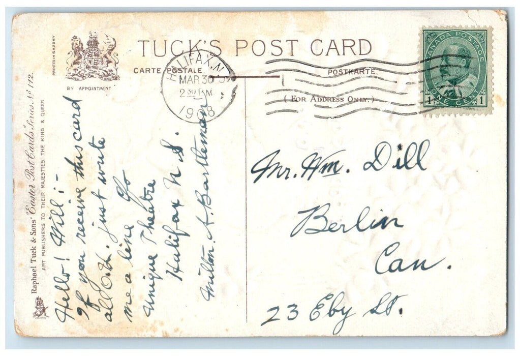 1908 Happy Easter Chicken Hen Chicks Flowers Tucks Embossed Halifax NS Postcard