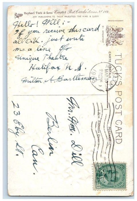 1908 Happy Easter Chicken Hen Chicks Flowers Tucks Embossed Halifax NS Postcard