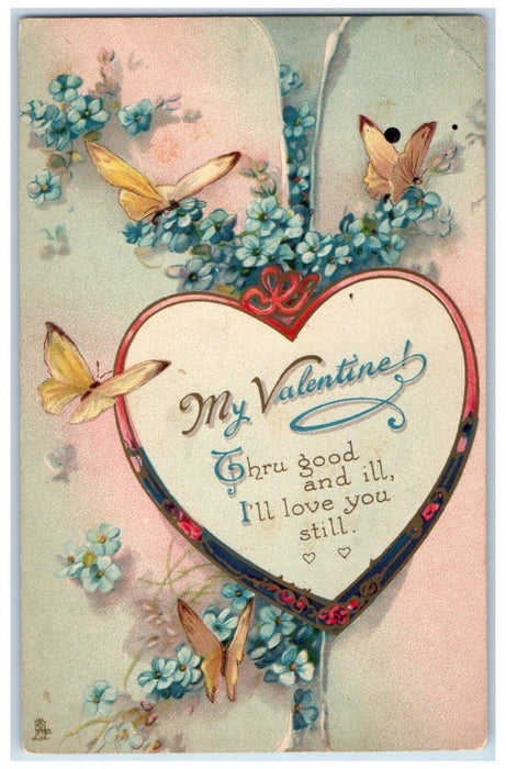 1914 Valentine Heart Pansies Flowers And Butterflies Tuck's Antique Postcard