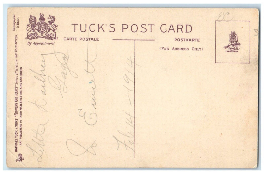 1914 Valentine Heart Pansies Flowers And Butterflies Tuck's Antique Postcard