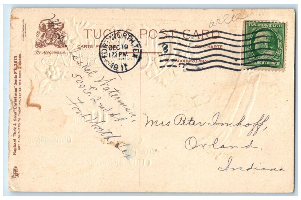1911 Christmas Holly Berries Flower Embossed Tuck's Fort Worth Texas TX Postcard