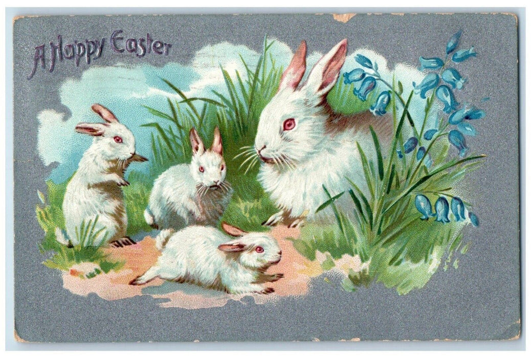 1909 Happy Easter Bunnies Rabbit Flowers Tuck's Embossed Winnetka IL Postcard