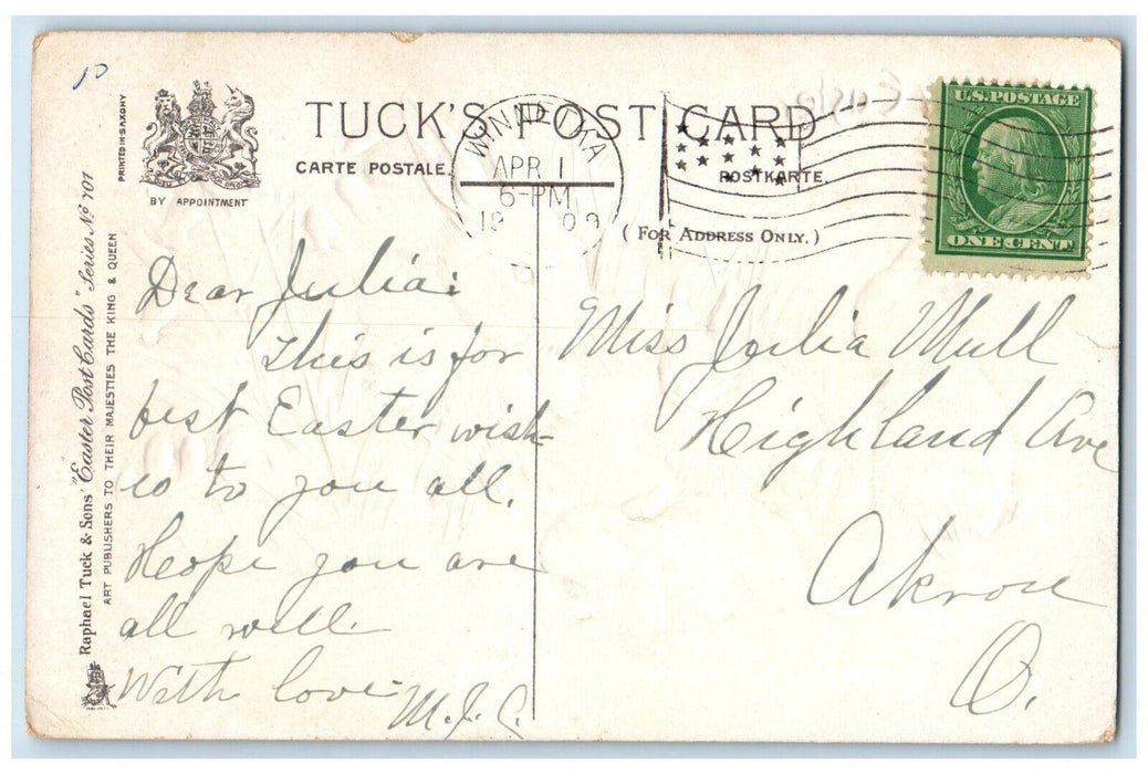 1909 Happy Easter Bunnies Rabbit Flowers Tuck's Embossed Winnetka IL Postcard