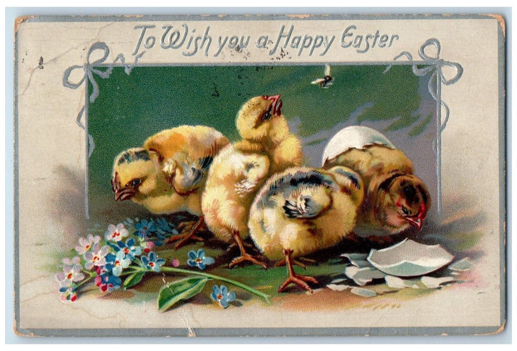 1914 Happy Easter Chicks Hatched Eggs Flowers Embossed Tuck's Antique Postcard