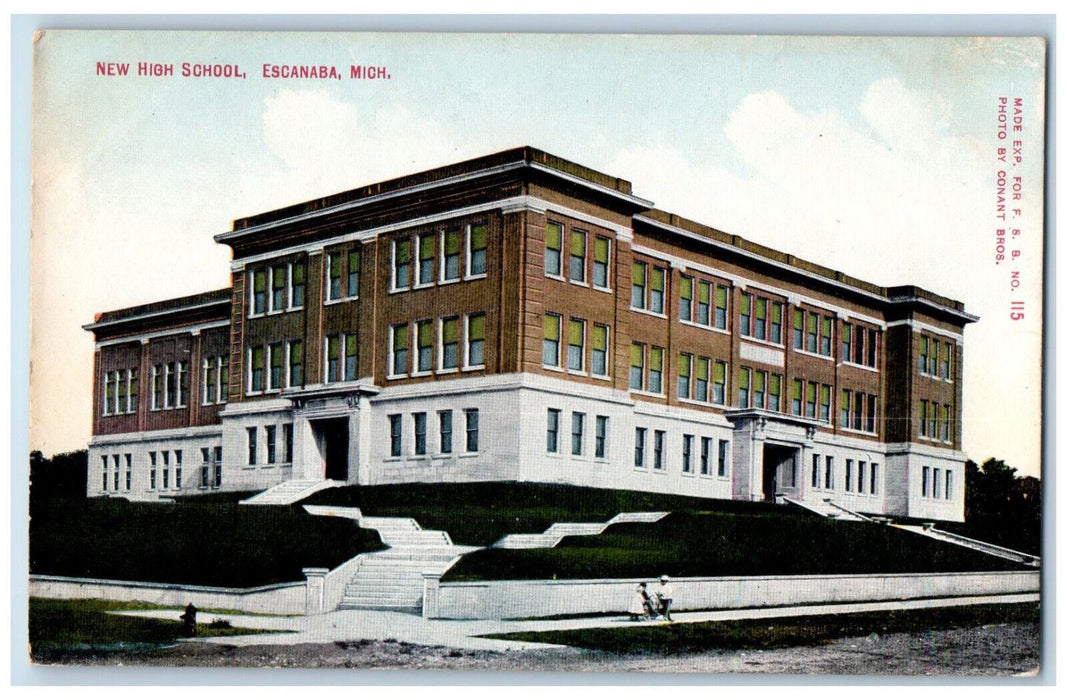 Entrance To New High School Building Escanaba Michigan MI Antique Postcard