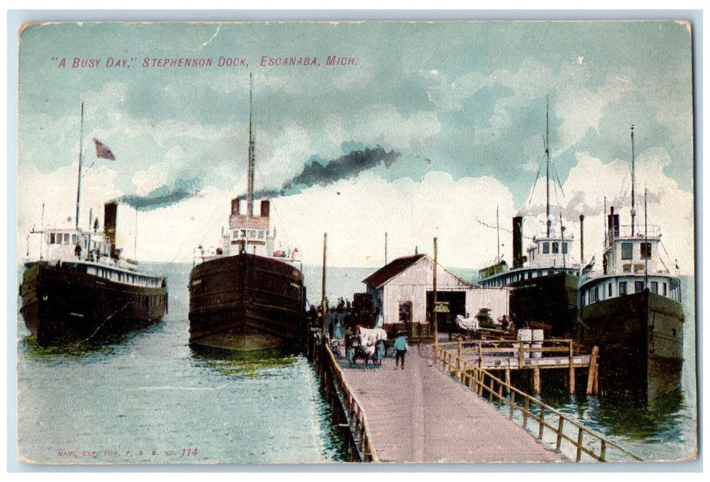 A Busy Day Stephenson Dock Steamer Ship Escanaba Michigan MI Antique Postcard