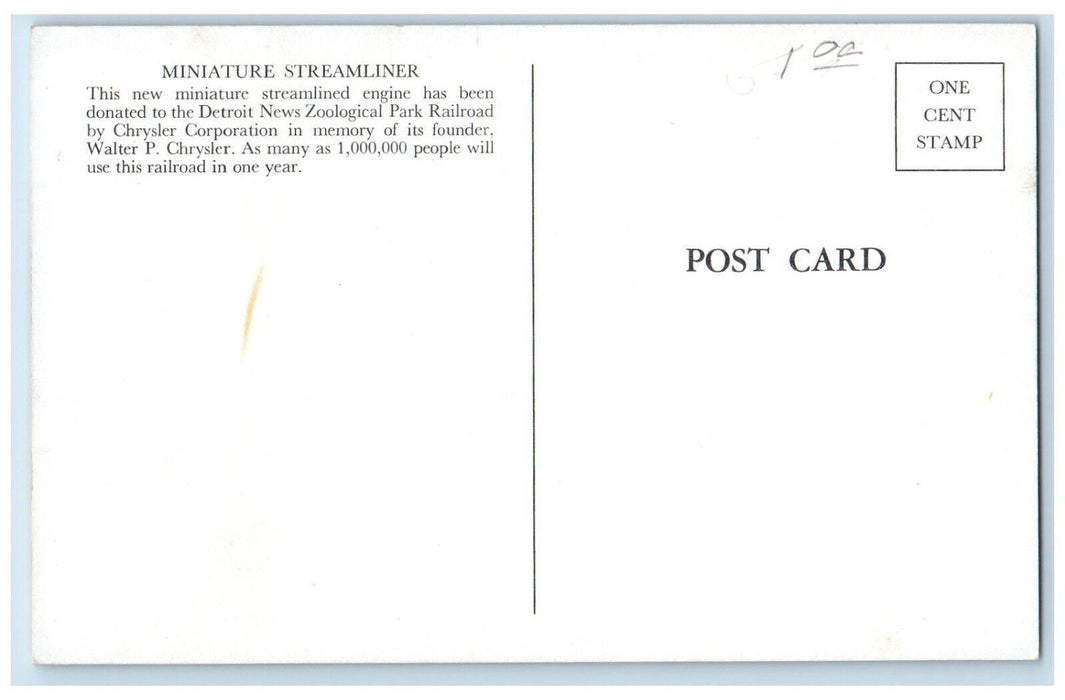 Miniature Streamliner Detroit Zoological Park Railroad Michigan MI Postcard