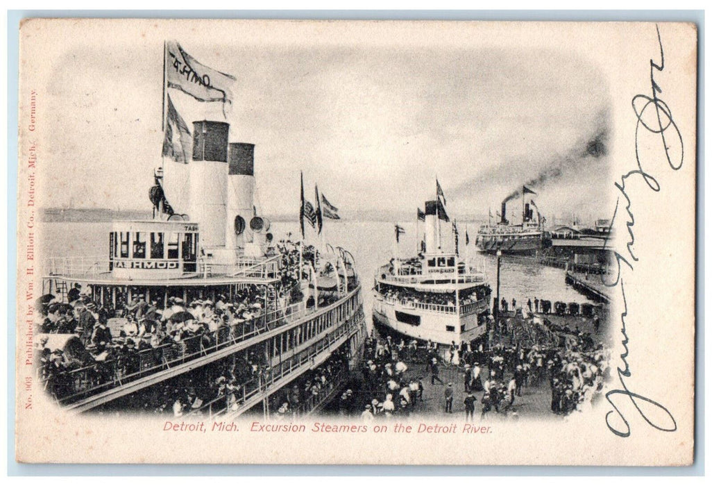 1906 Excursion Steamers Ship On The Detroit River Michigan MI Antique Postcard