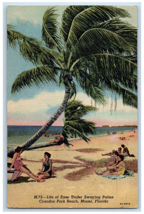 1953 Life Ease Under Swaying Palms Crandon Park Beach Miami Florida FL Postcard