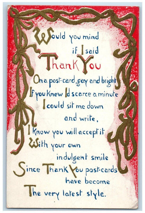 1909 Thank You Poem Sanford Stafford Springs Connecticut CT Antique Postcard