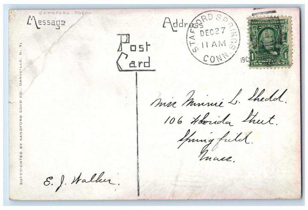 1909 Thank You Poem Sanford Stafford Springs Connecticut CT Antique Postcard