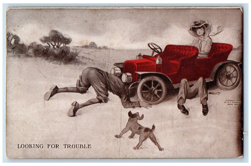 1909 Man Fixing Car Looking For Trouble Danielson Connecticut CT Posted Postcard