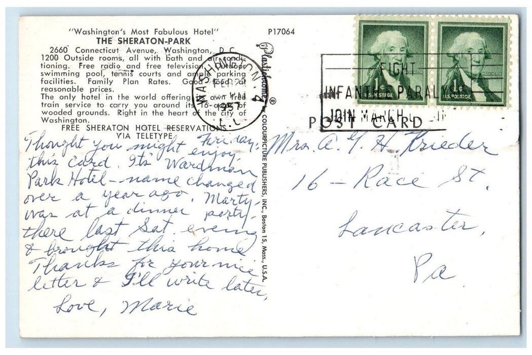 1957 Scenic View Sheraton Park Train Washington DC Vintage Antique Postcard