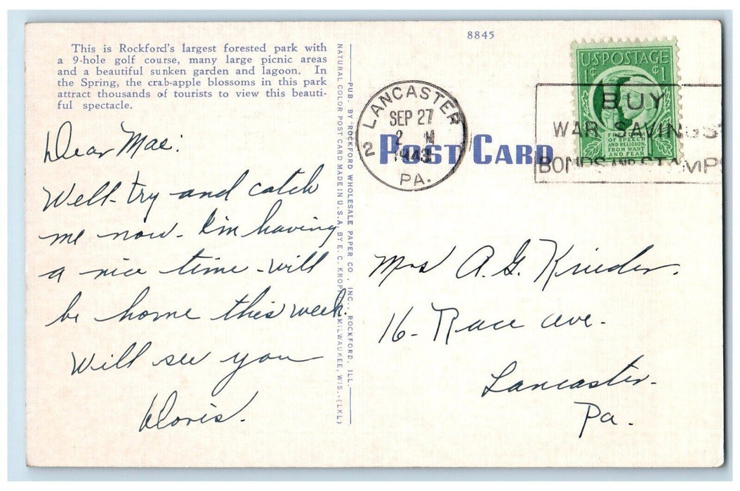 1943 Pavilion Sinnissippi Park Rockford Illinois Lancaster Pennsylvania Postcard