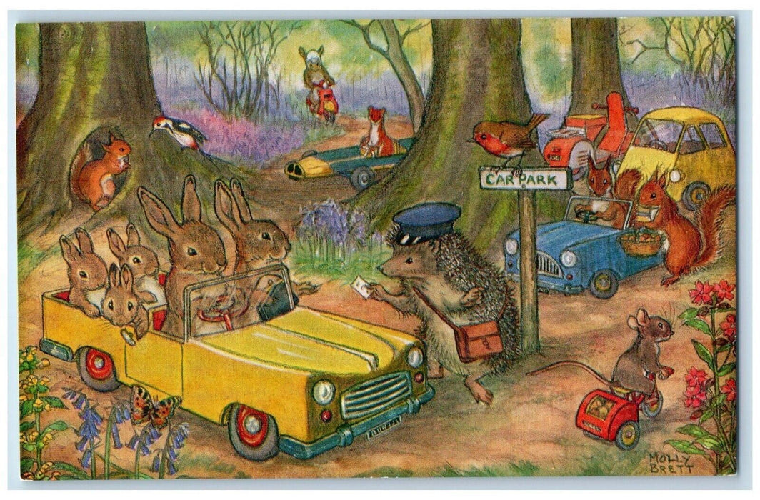 Woodland Car Park Rabbit Driving Car Birds Squirrell Flowers Animals Postcard