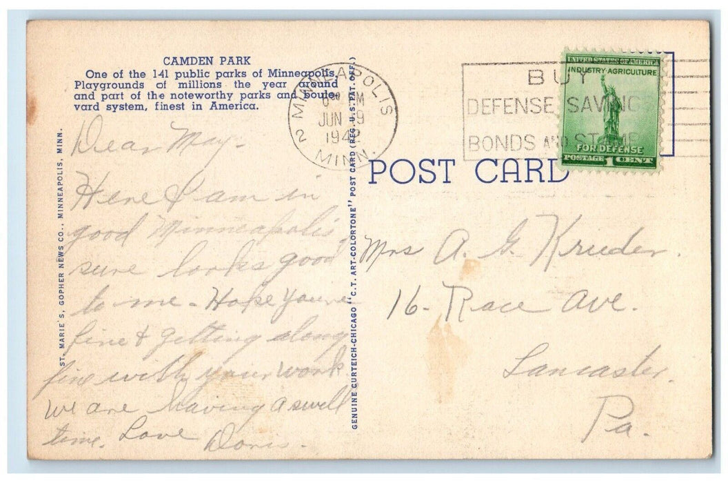 1942 Scenic View Camden Park Bath House Minneapolis Minnesota Vintage Postcard