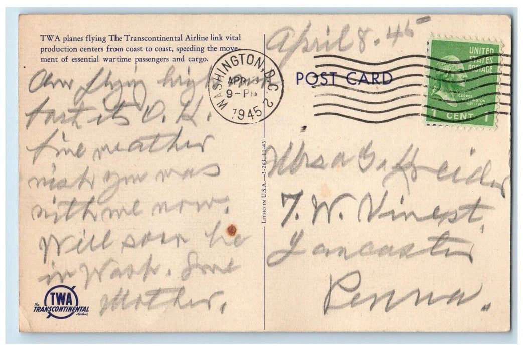 1945 Trans World Airline Skyclub Transcontinental Airline Washington DC Postcard