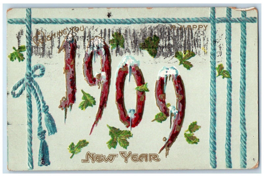 1909 New Year Pine Leaf Large Numbers Rope Kittanning Pennsylvania PA Postcard