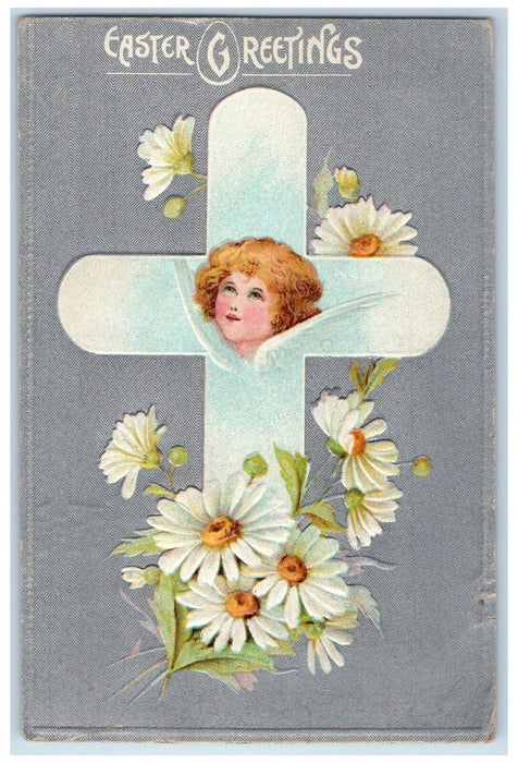 c1910's Easter Greetings Holy Cross Angel Daisy Flowers Embossed Posted Postcard