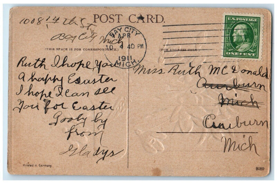 1911 Easter Holy Cross Angel White Flowers Bay City Michigan MI Posted Postcard