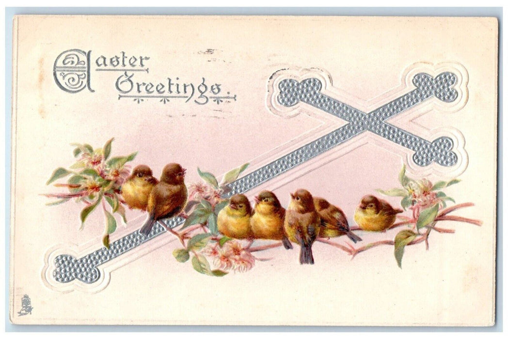 c1910's Easter Greetings Holy Cross Song Birds Flowers Tuck's Canada Postcard