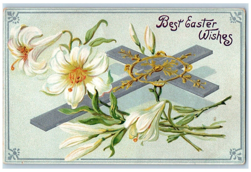 c1910's Easter Wishes Holy Cross White Flowers Embossed Tuck's Antique Postcard