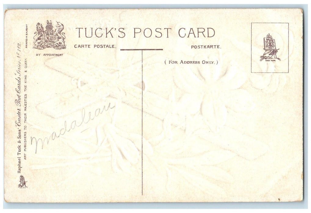 c1910's Easter Wishes Holy Cross White Flowers Embossed Tuck's Antique Postcard