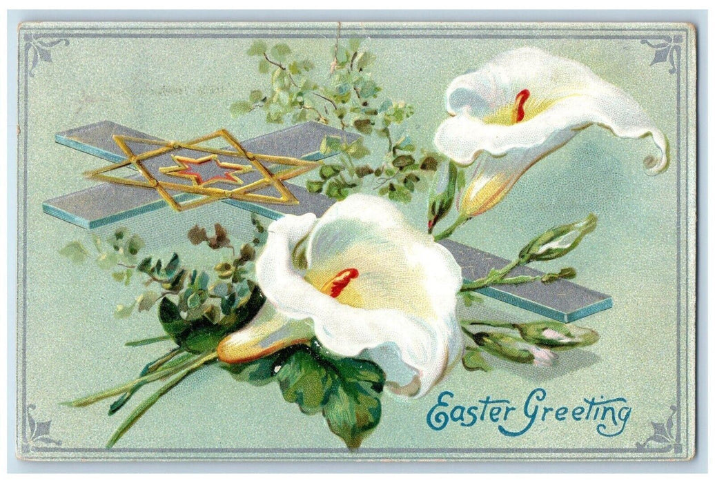 c1910's Easter Greeting Holy Cross White Flowers Embossed Tuck's Posted Postcard