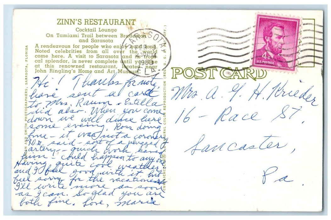 c1960 Zinn Restaurant Cocktail Lounge Multi-View Sarasota Florida FL Postcard