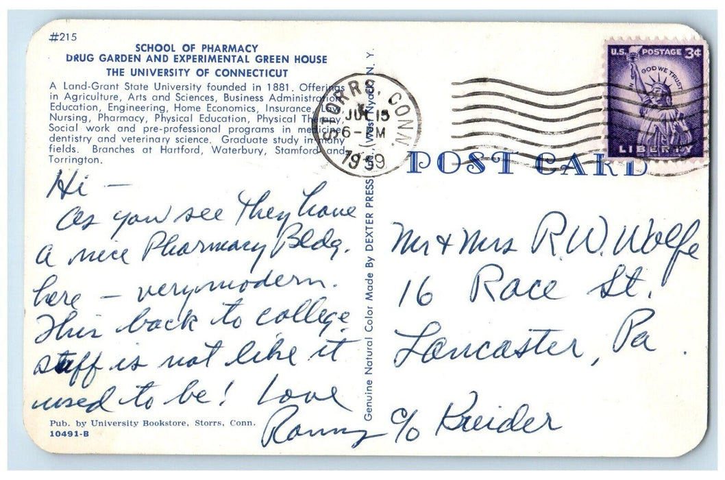 1959 School Pharmacy Drug Garden Experimental Green House Connecticut Postcard