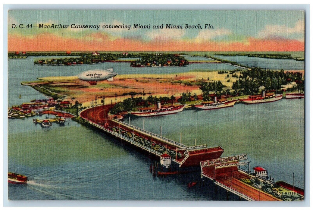1958 Aerial McArthur Causeway Connecting Miami & Miami Beach Florida FL Postcard