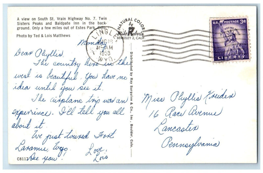 1958 South St Vrain Highway Twin Sisters Peaks Baldpate Inn Colorado CO Postcard