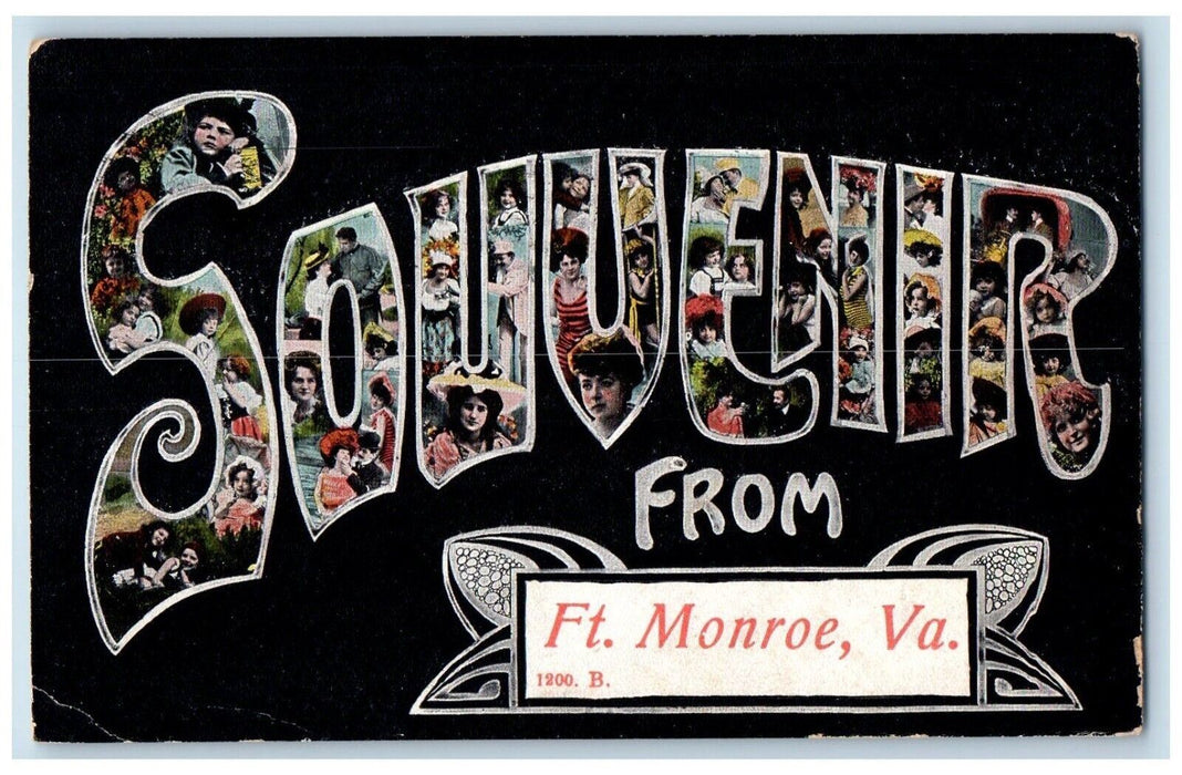 1909 Souvenir From Ft. Monroe Virginia Ladies Multiview Large Letters Postcard