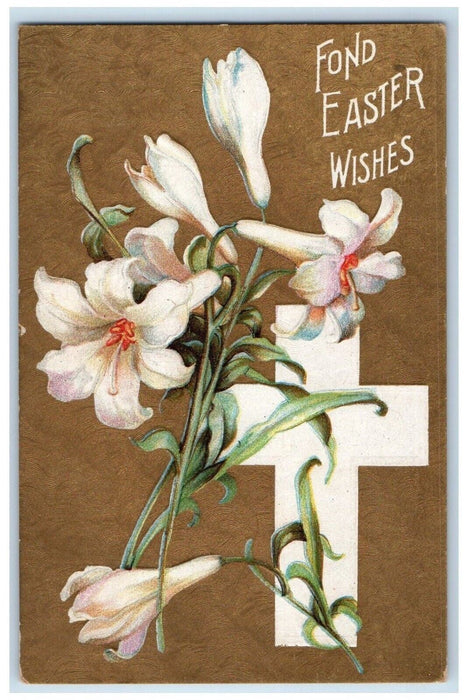 c1910's Easter Wishes Holy Cross White Flowers Embossed Posted Antique Postcard