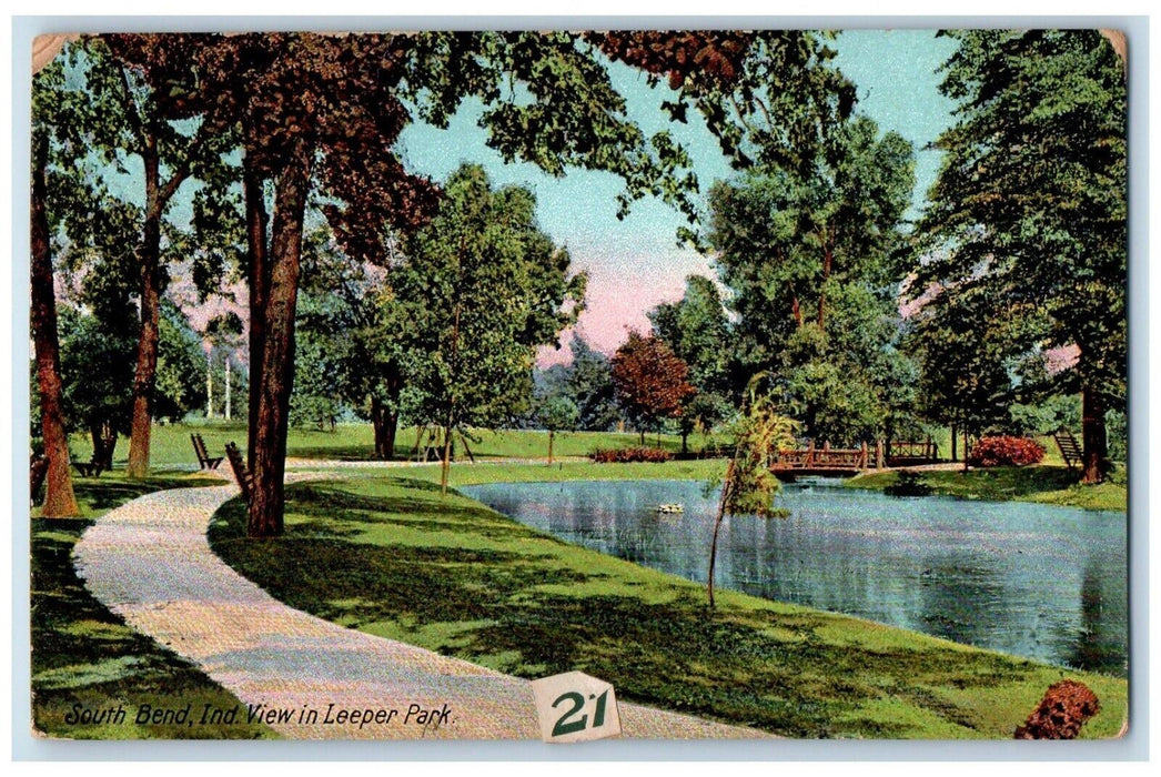 1912 View Leeper Park Pond Bridge Trees Road River South Bend Indiana Postcard