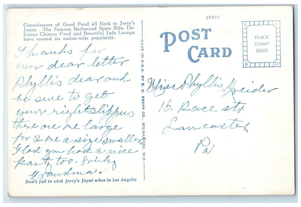 1940 Jerry Jade Lounge Jerry Joynt Old Chinatown Los Angeles California Postcard