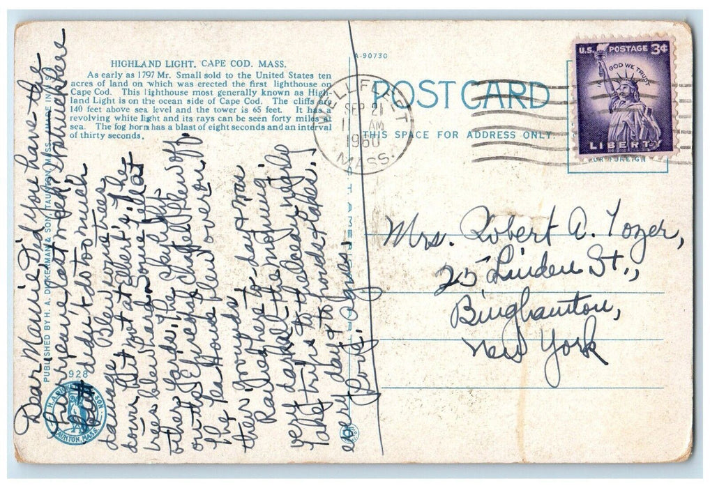 1960 Highland Light North Truro Streetcar Cape Cod Massachusetts Posted Postcard